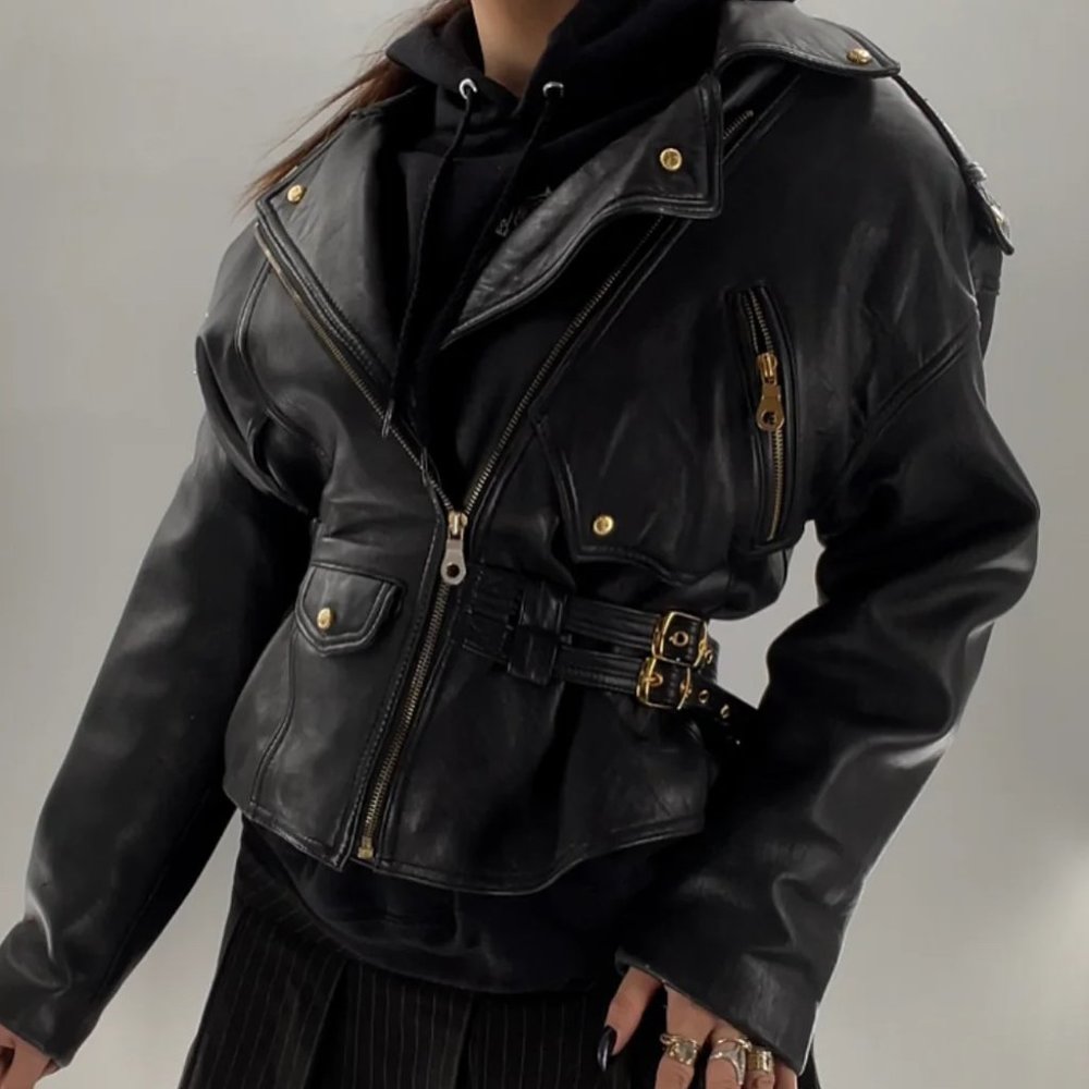 Siena Studio Vintage 100% Leather Biker Jacket with Gold Accent Hardware